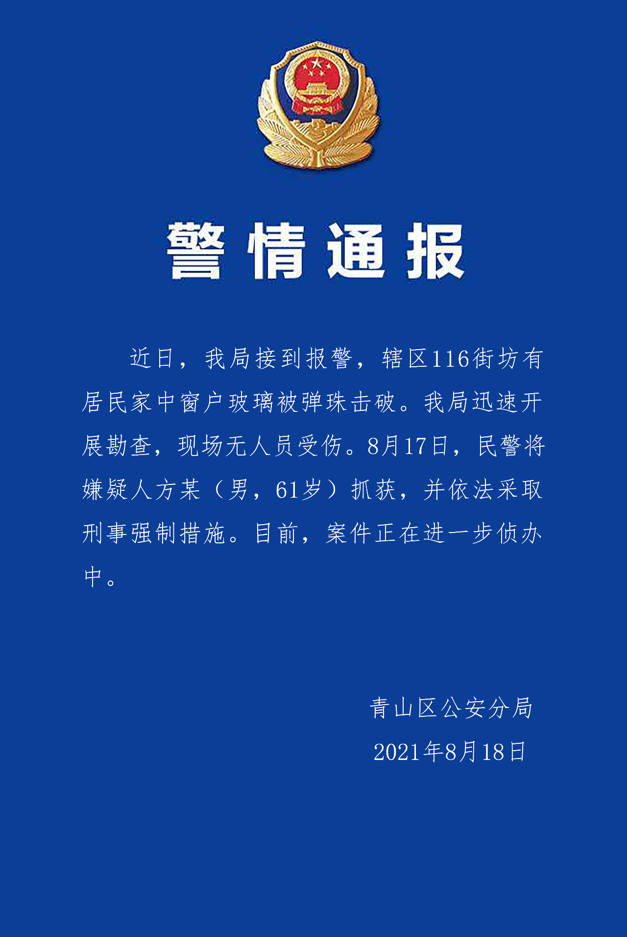 武汉警方通报居民家中遭钢珠袭击案件:61岁嫌疑人已被抓获