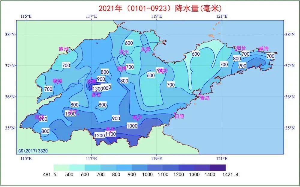 2021年1月1日—9月23日降水量分布图(单位:毫米)