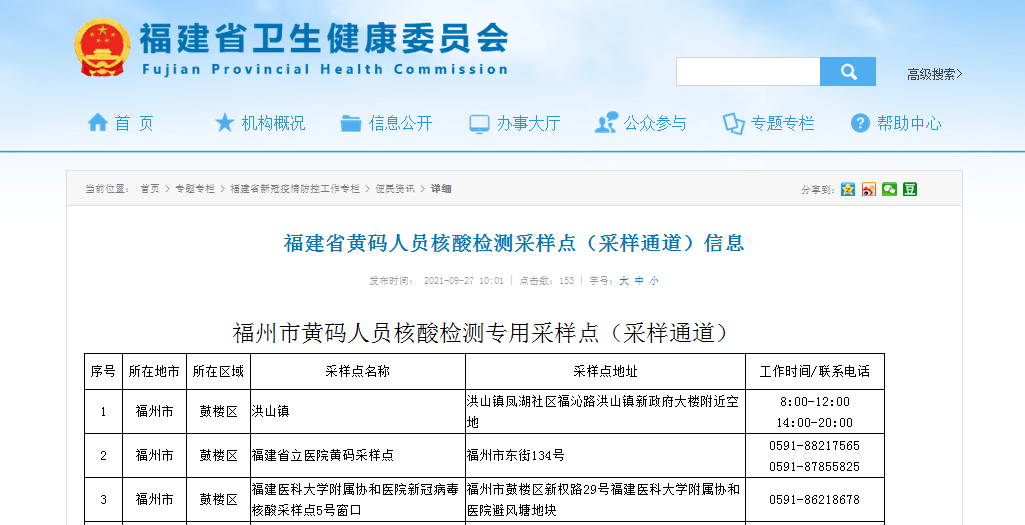 全省黄码人员核酸检测采样点