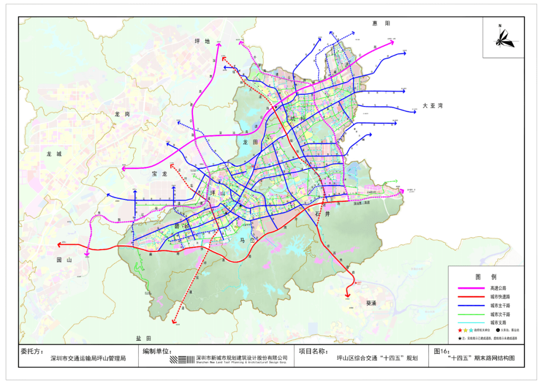 加快推进"五横十纵"主干路网建设,完成坪山大道等道路提升改造工程