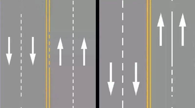 单黄虚线 通常施划在狭窄的道路中央,用来区分不同方向的车道, 可以