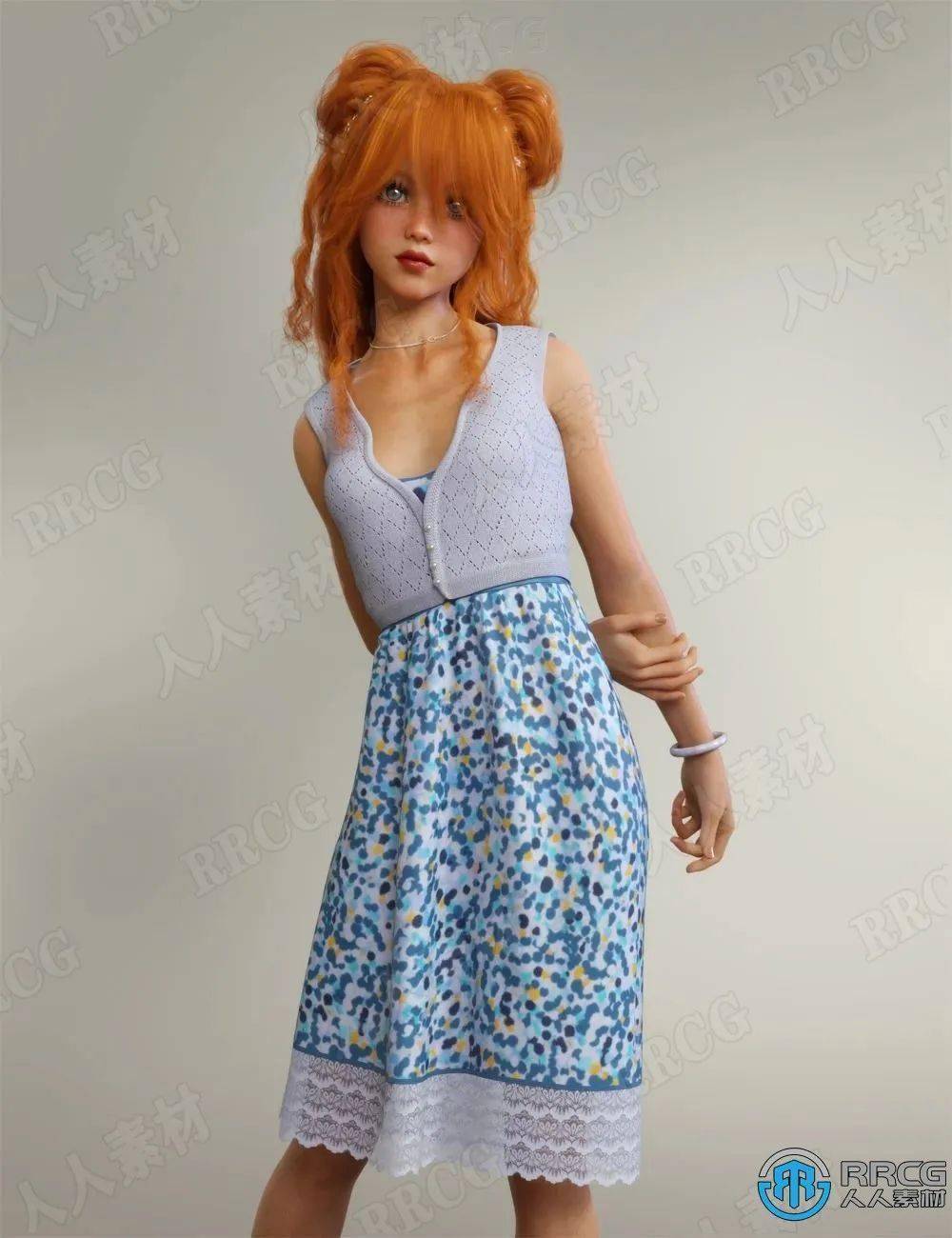 舒适清新两双女性碎花连衣裙服饰套装3d模型合集