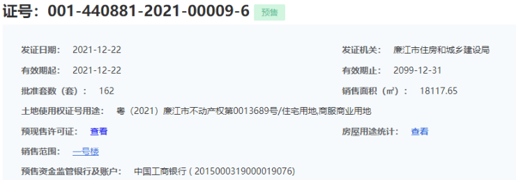 廉江碧桂园博雅花园1号楼获预售许可证:001-440881-2021-00009-6,预售