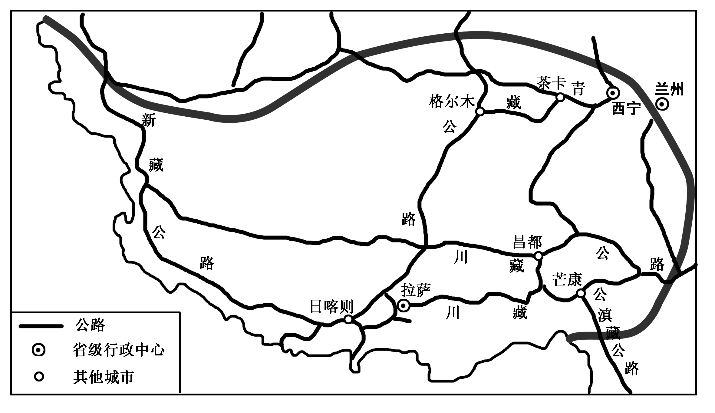 (2)主要交通(1)劣势:地势高峻的青藏高原上,高山深谷阻障,且多冻土