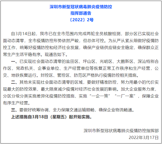 深圳市新型冠状病毒肺炎疫情防控指挥部通告〔2022〕2号