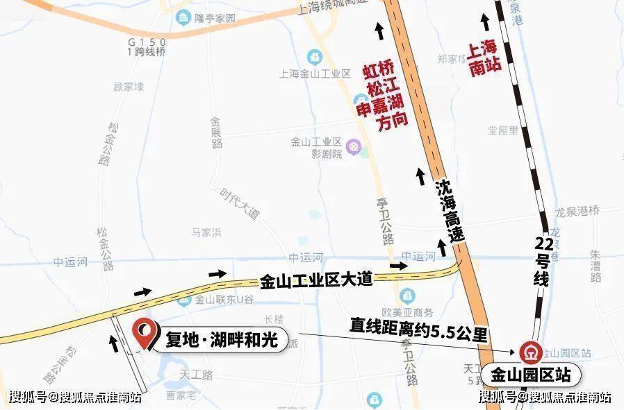 从复地·湖畔和光出发,北侧不远处就是金山工业区大道,向东很快就能