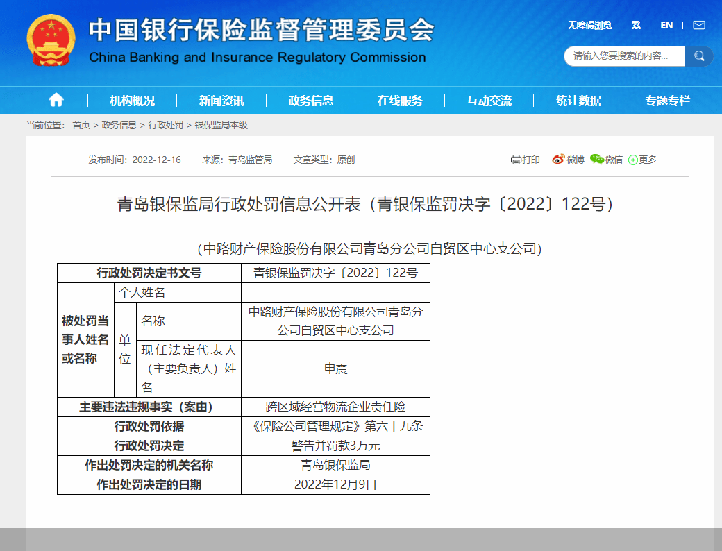 因跨区域运营物流企业责任险，中路财险青岛分公司自贸区中心收公司被罚3万元