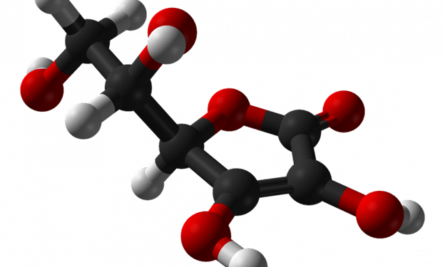晶體結構中發現的l-抗壞血酸(維生素c)分子c6h8o6的球棒模型.
