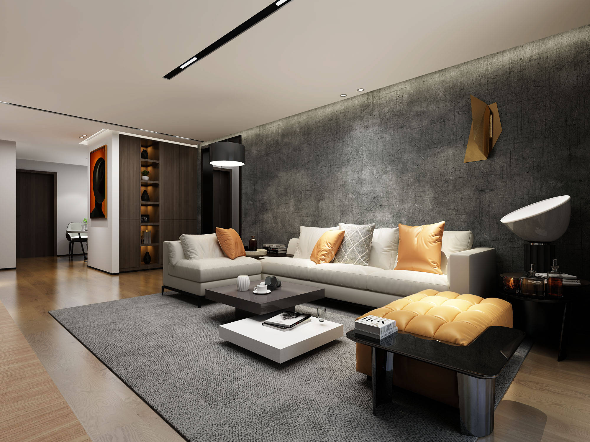 围合型的沙发摆放,让视觉有穿透感,从绿植到挂画