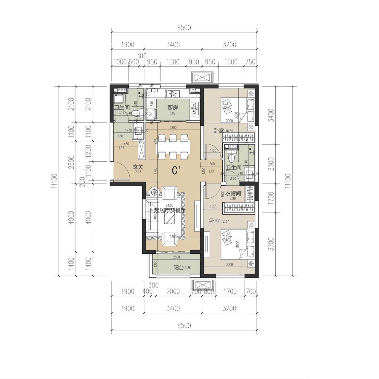 两室两厅两卫一厨一衣帽一阳台  (c户型首层北入户时即为c户型,共8