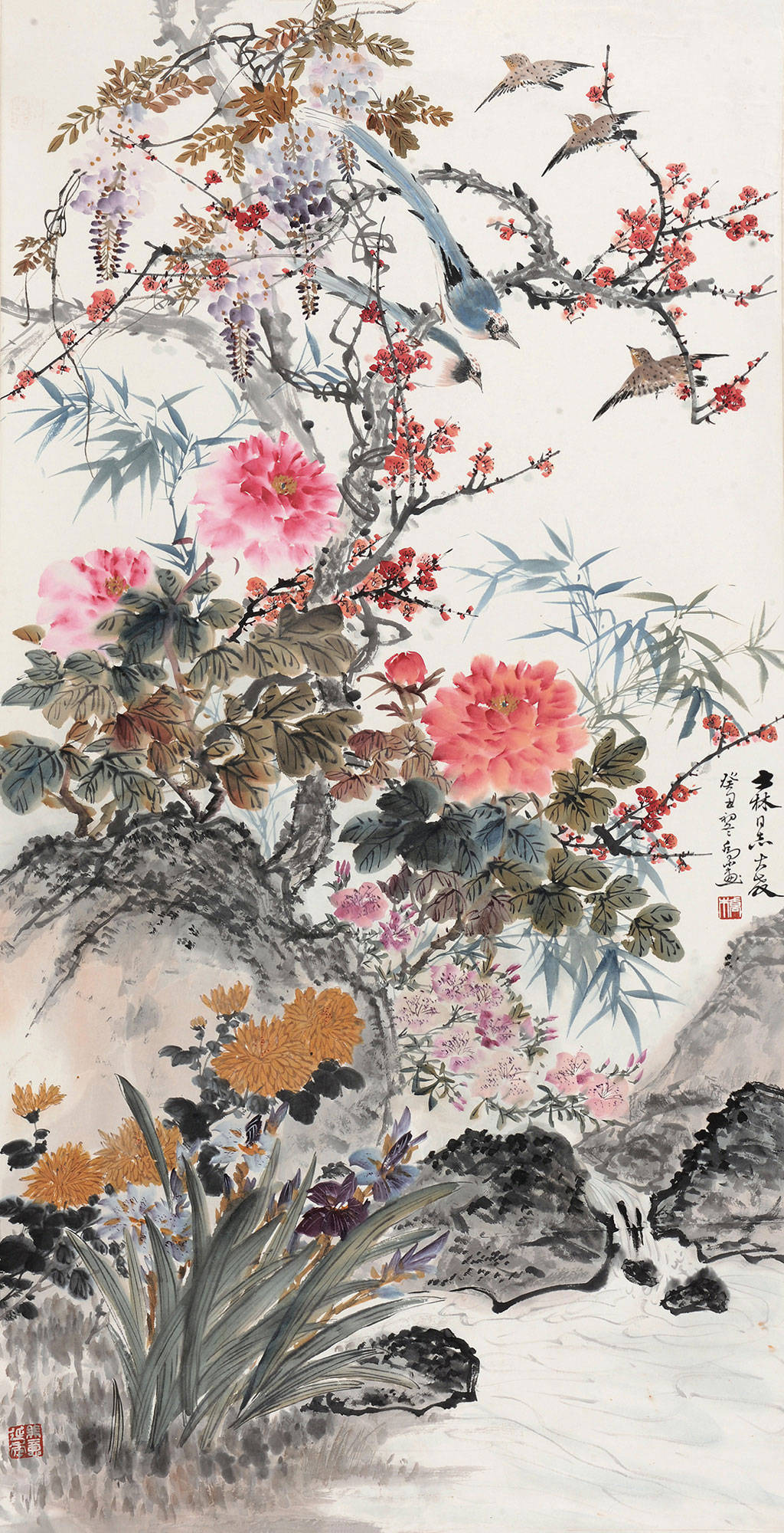 乔木 《百花祝寿》 镜心 设色纸本