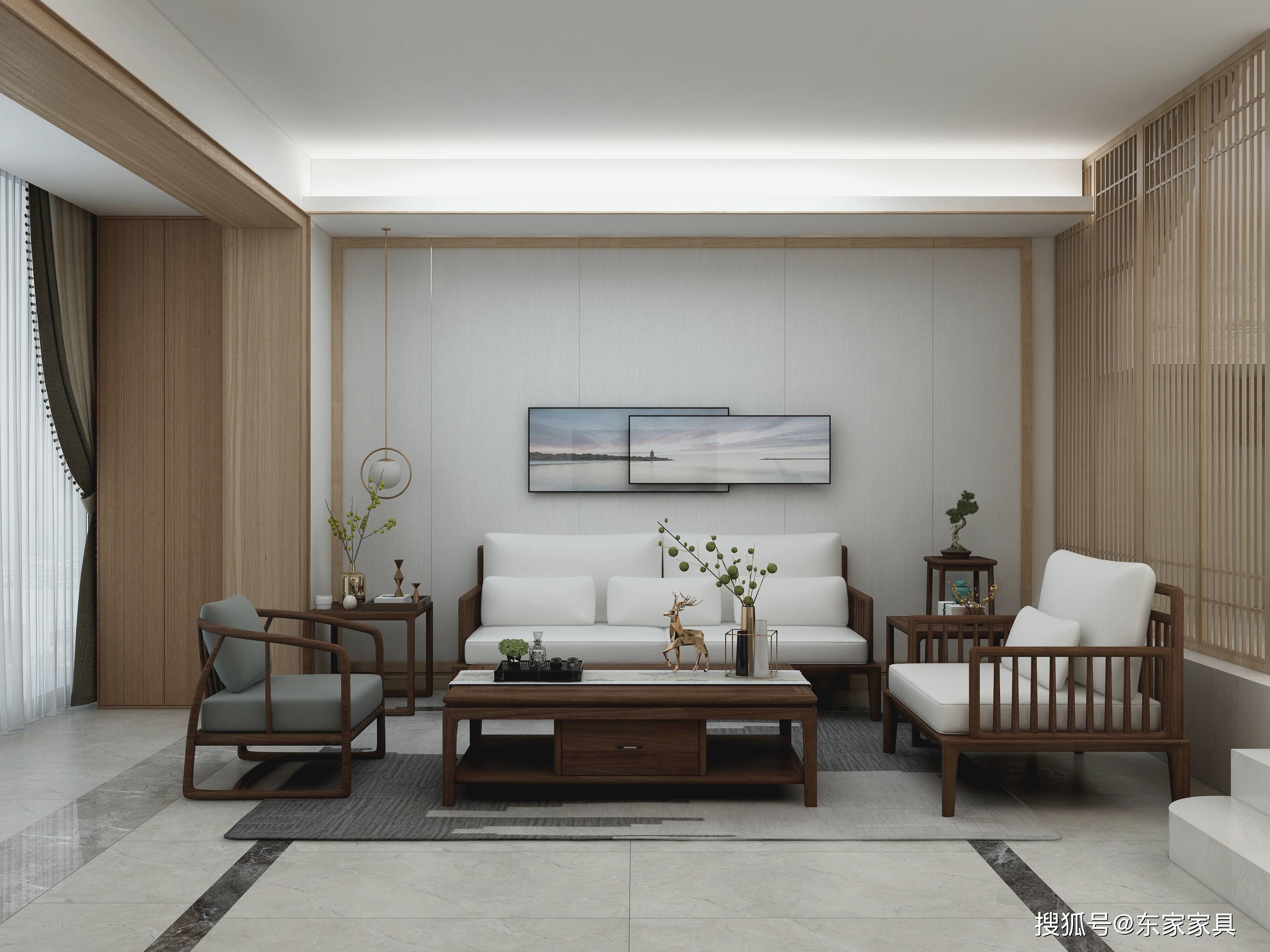 新中式风格家居一般多采用简洁硬朗的直线条,迎合新中式家具的内敛