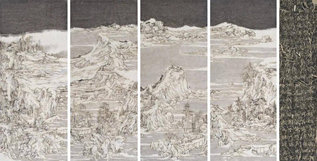 王天德,函关平雪图,173×72cm×4,173×40cm,宣纸,墨,火焰,石门铭