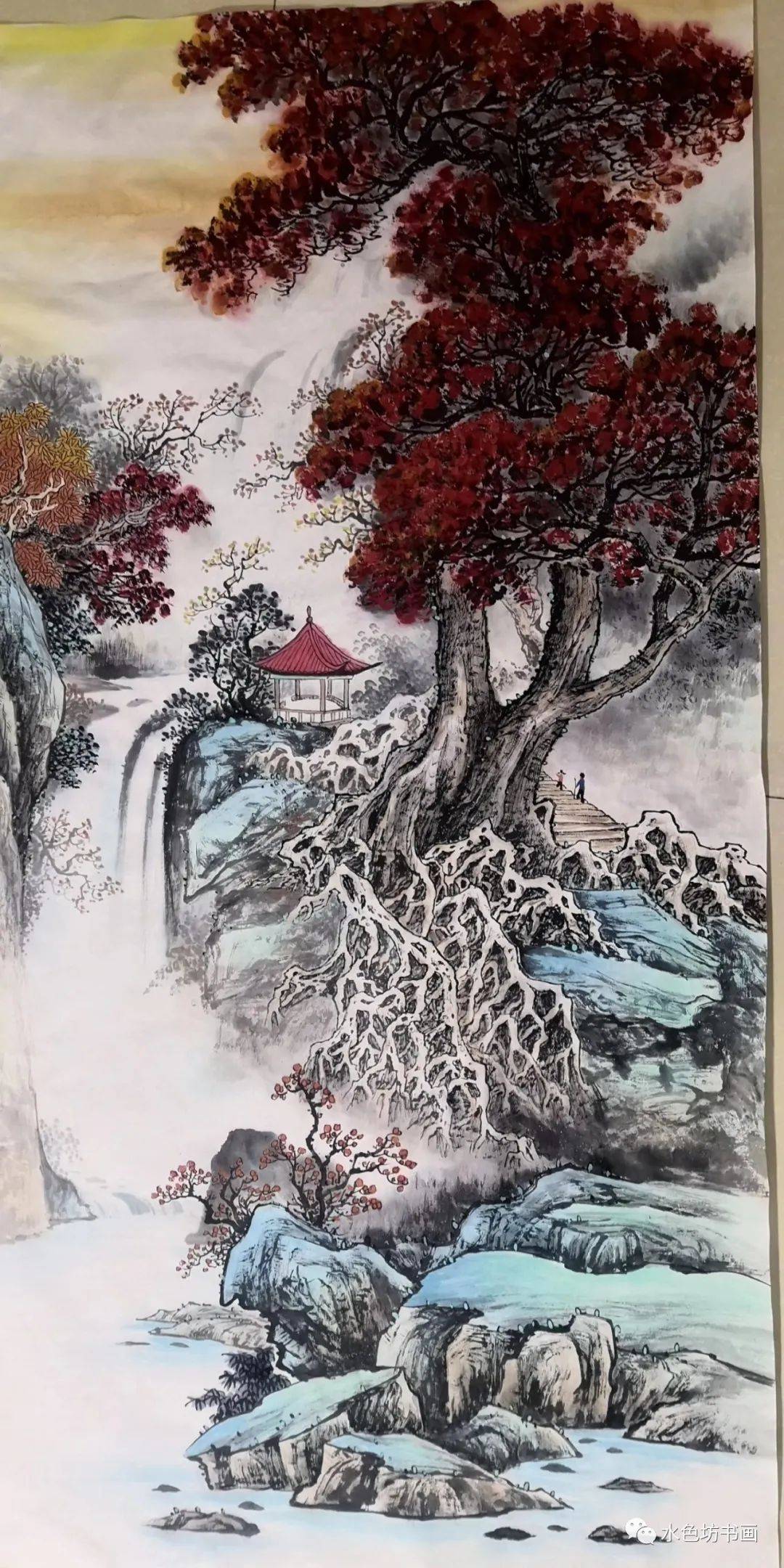 用于传统山水画的创作上,采用浓墨重彩,大写意,工笔,兼工带写的形式