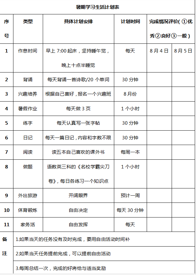 【家长必读】小学生暑假怎么学习?收好这份暑假学习计划表