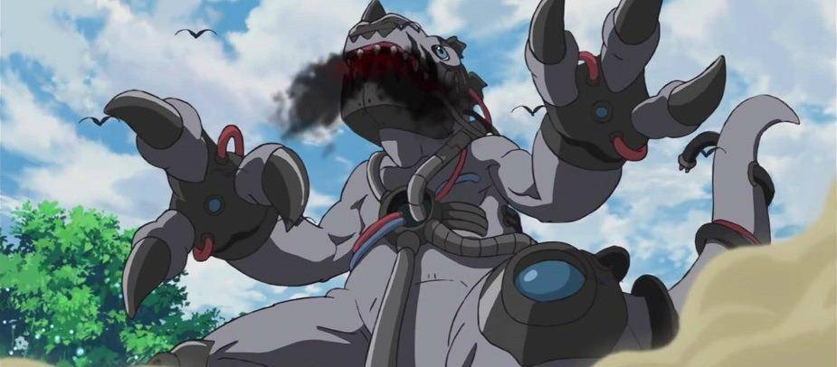 在上一集中,暴龙兽和奥加兽激战正酣,但忽然遇到了从天而降的机械巨龙