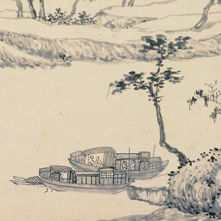 沈周的作品《京口送别图》,这种船的形制在古画里面出现,大概与"书画