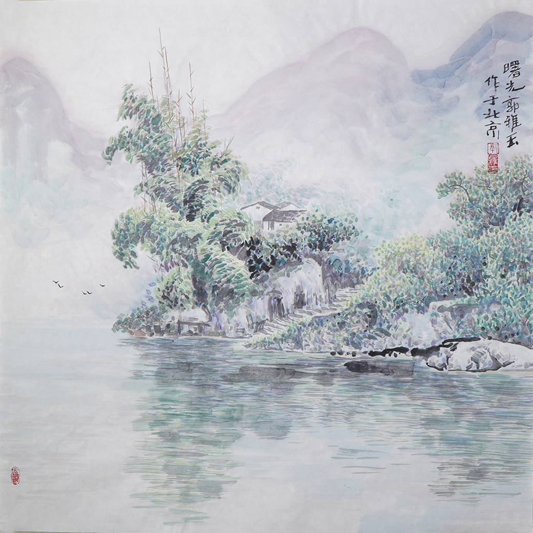 彩色山水画",技法独特,构图饱满,色彩丰富,内容新颖,在水墨中植入了