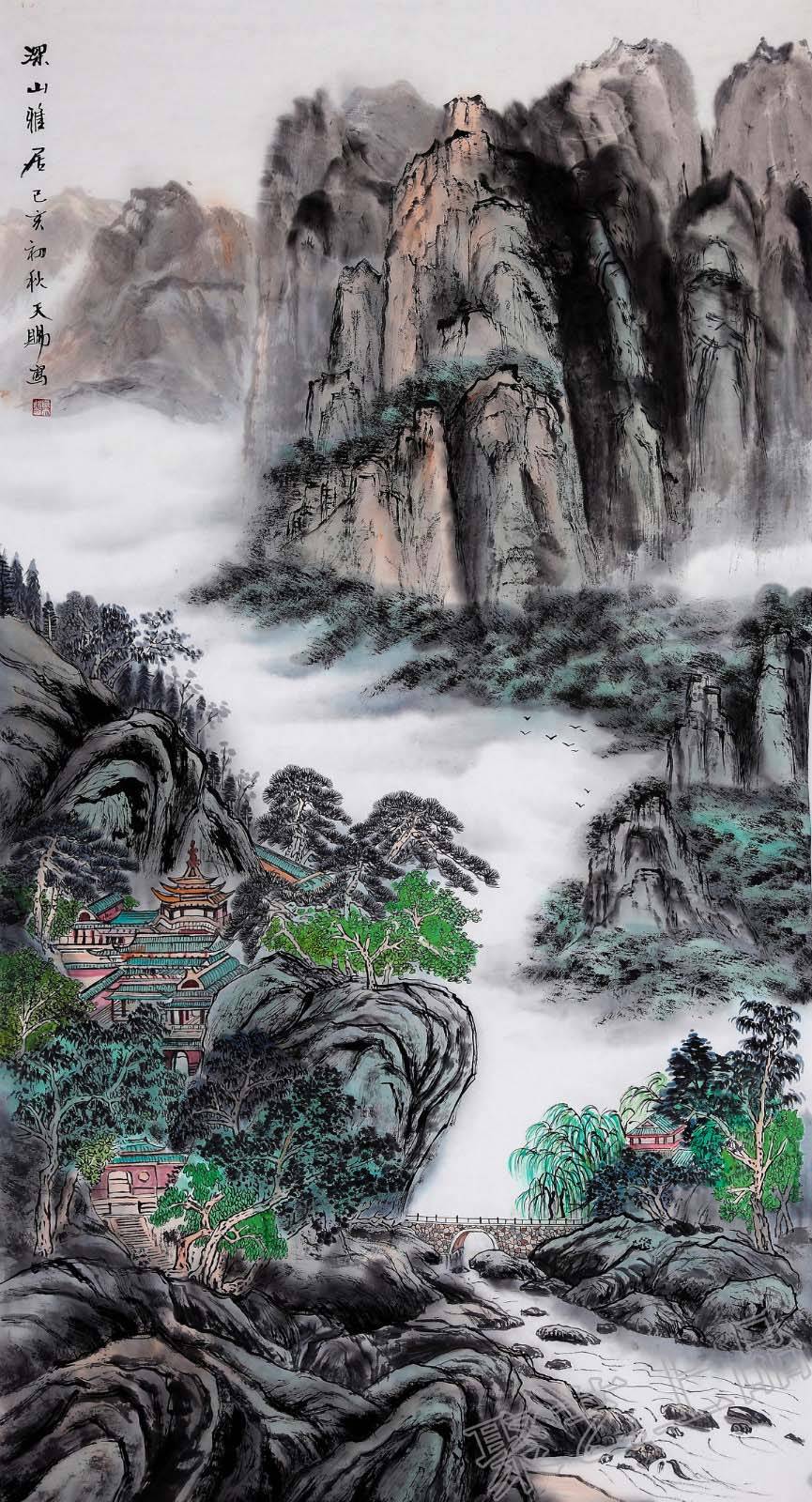 画家沈天赐山水画《深山雅居》作品选自:聚艺上品迎客