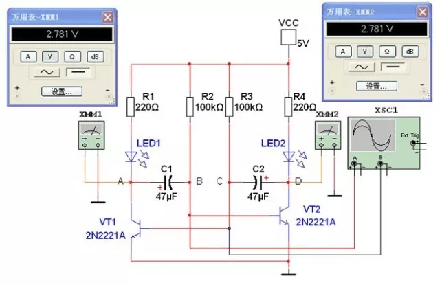 电巢学堂多谐振荡器双闪灯电路仿真与分析