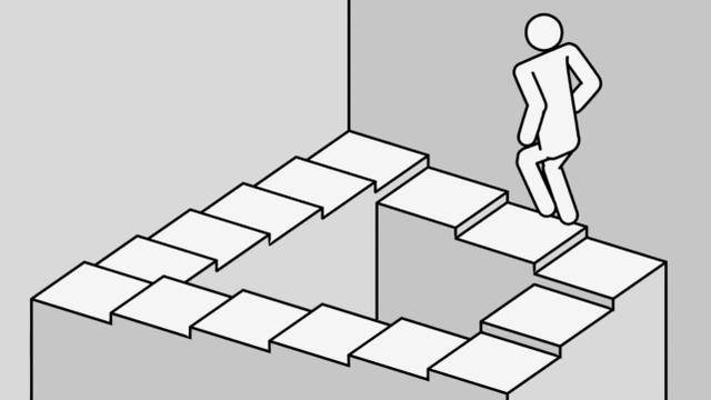 这是一个很明显的悖论,因为如果真的有这样的阶梯存在,那么上面的行人