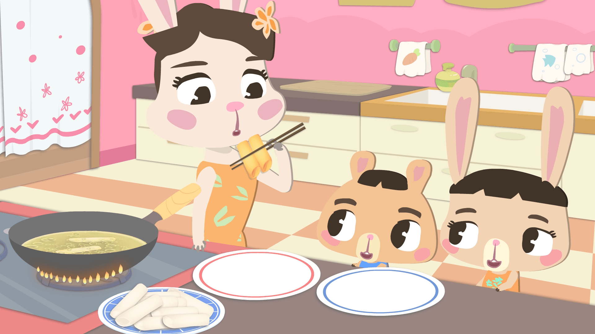 看墨羽动画熊兔子贝贝学炸春卷这高热量的美食不可错过