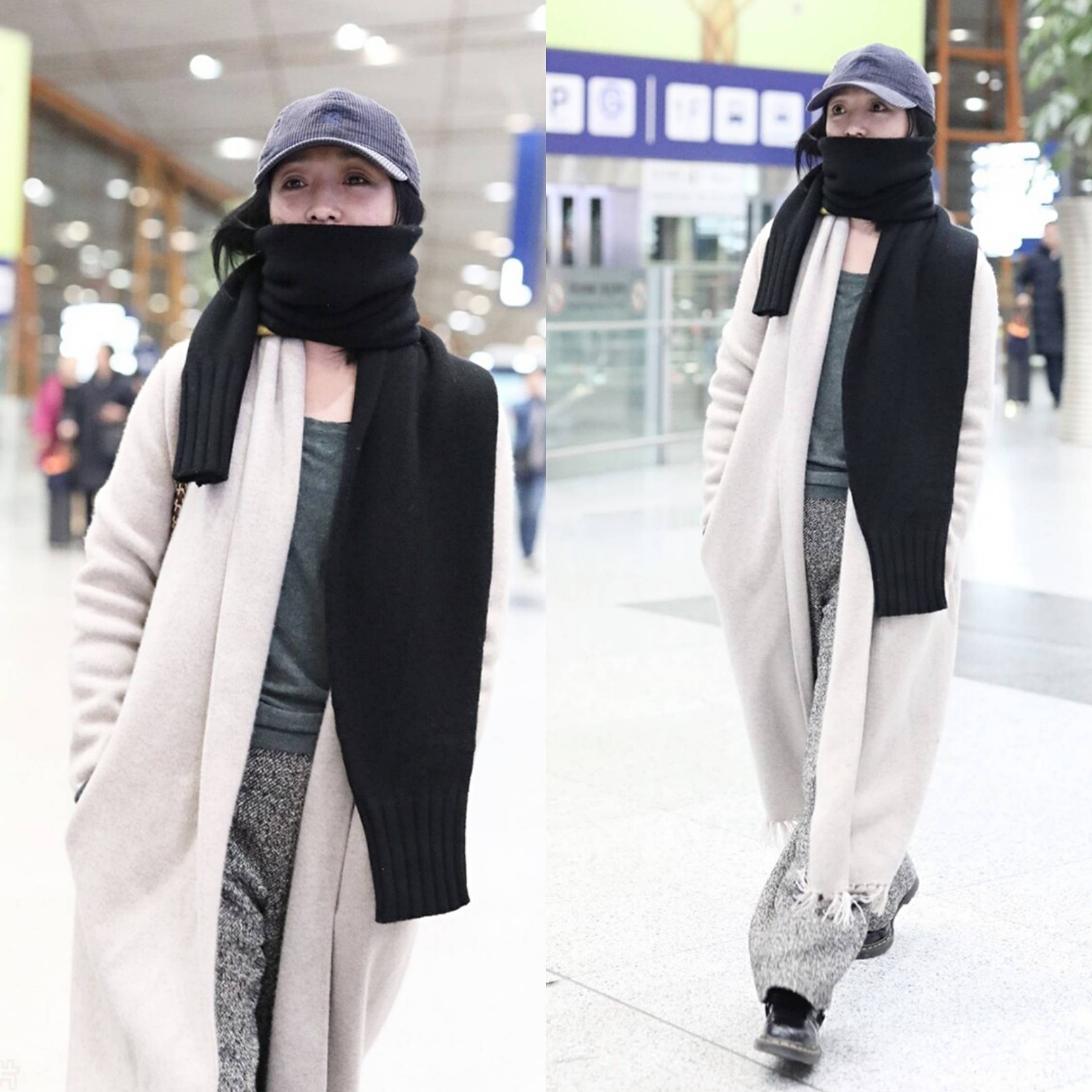 原创周迅机场太张扬,粉卫衣配半截红毛衣,扎大光明发型无惧露发际线