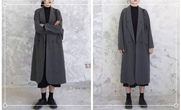 搭配一:黑色宽松长裙 深灰色h型长款外套