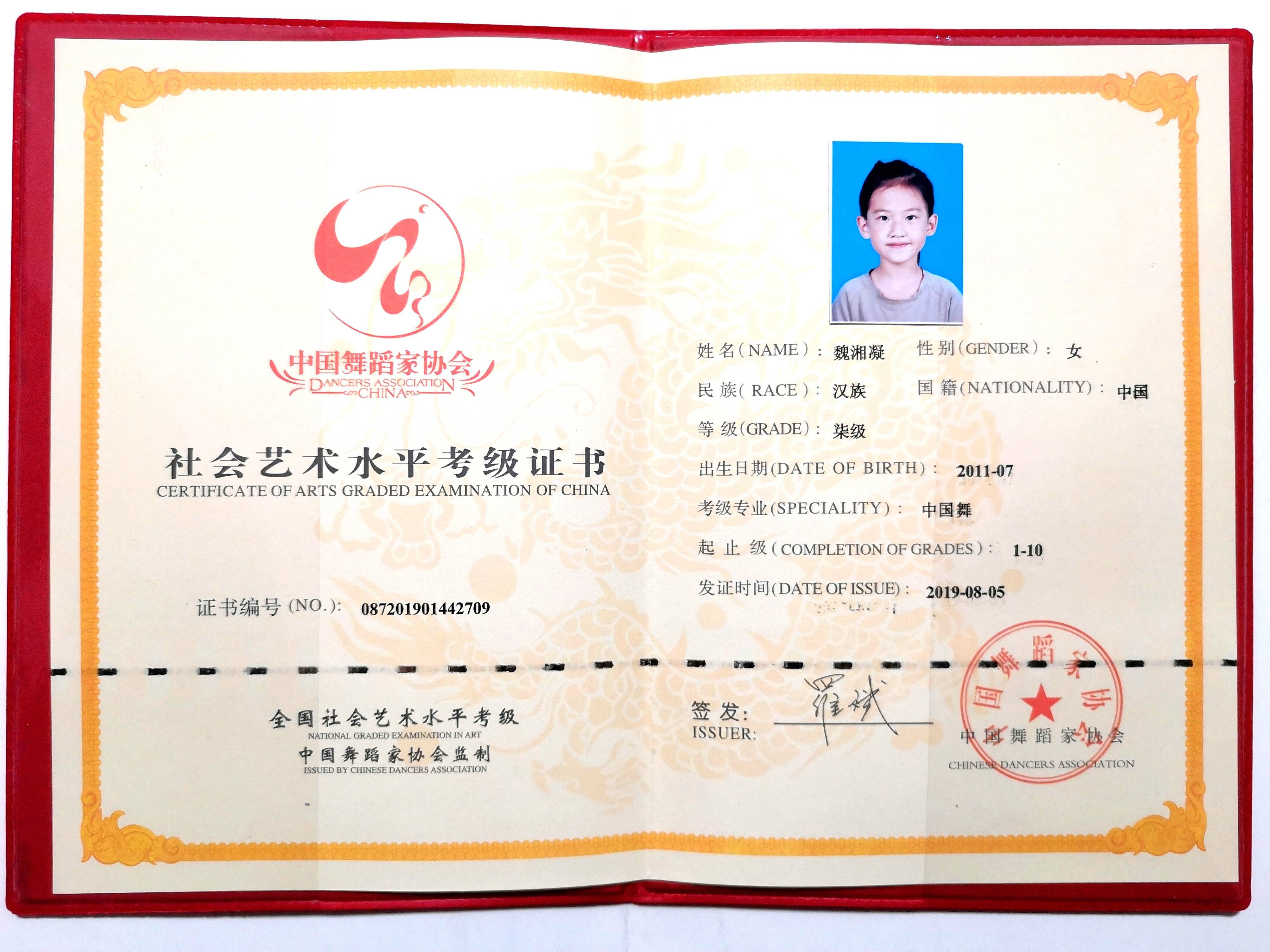 5,通过中国舞蹈家协会社会艺术水平考级中国舞专业七级.