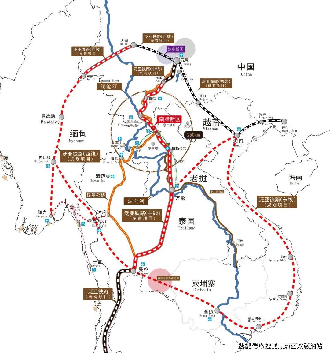 泛亚铁路规划了东中西三线,从越南和缅甸分别接入东盟的东线和西线短
