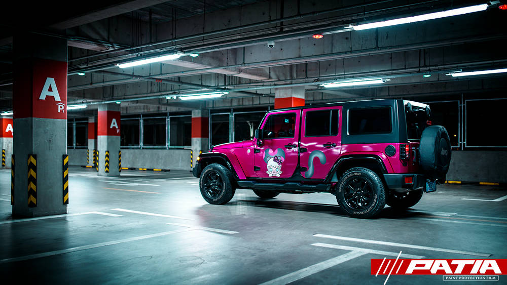 南昌牧马人改色贴膜,粉色牧马人贴膜效果图,南昌奇诺汽车贴膜施工出品