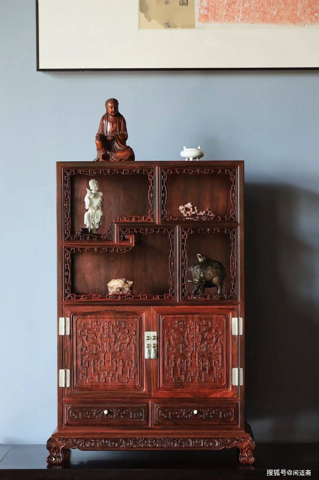 文人案头雅柜,小叶紫檀,夔龙纹博古柜_纹饰