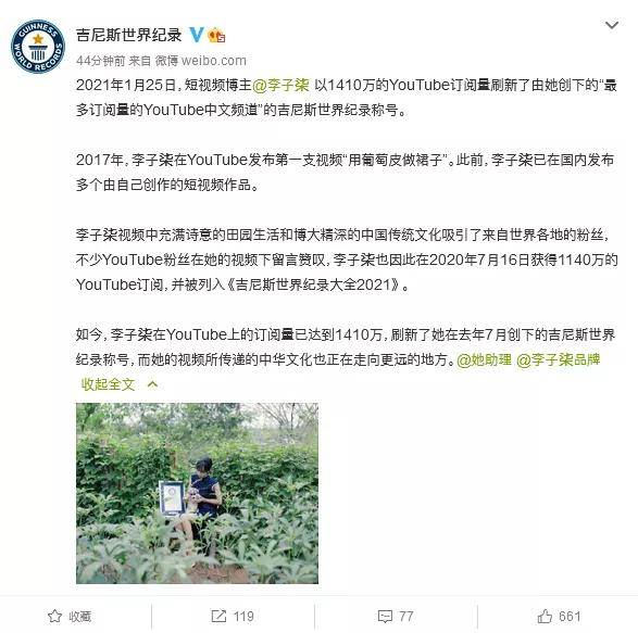 李子柒刷新吉尼斯世界纪录 最多订阅量的youtube中文频道 视频