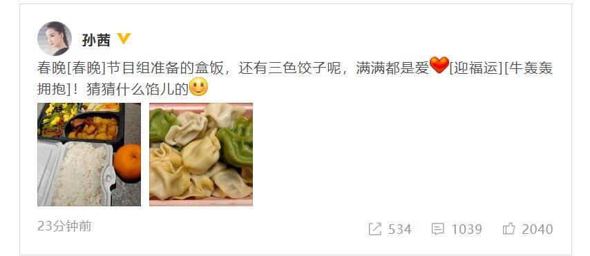 孙茜晒央视春晚盒饭 两荤两素还有三色饺子