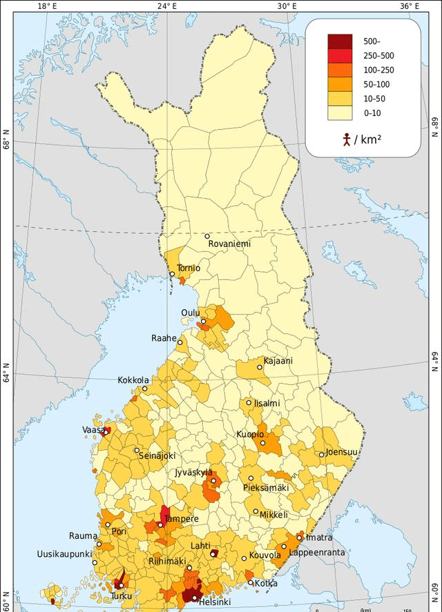 图 2010年,芬兰的人口密度图高经济总量,低人口规模,贫富差距小