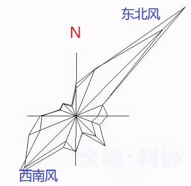 风向:箭头指向的方向,即为 风向,风由外围吹向中心;风向玫瑰,表示