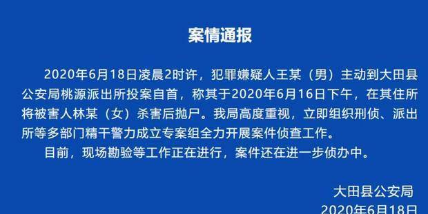 据大田县公安局2020年6月18日的通报:当天凌晨2点左右,犯罪嫌疑人王某