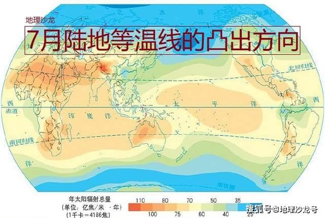 纬度|为什么七月份的时候，南北半球的陆地等温线都往北凸出？