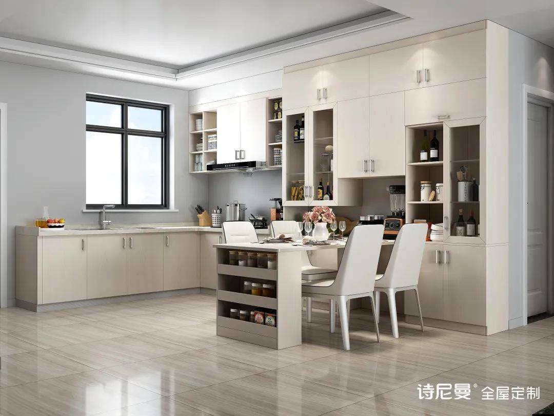 这时建议紧挨着餐桌的餐边柜下方部分做成开放格,方便拿取物品.