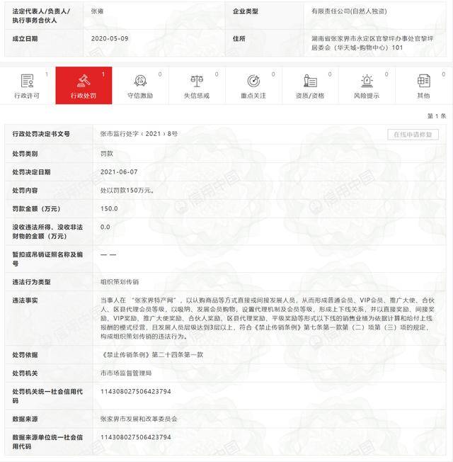 “张家界特产网”因组织策划传销被罚款150万元(图1)
