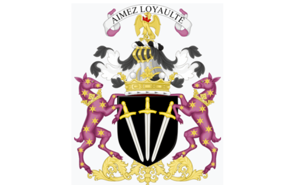 温彻斯特侯爵的纹章是黑色盾徽,上面有3把剑,两侧紫色动物是semée of