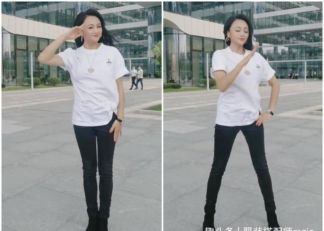 曹颖|曹颖保养像少女，穿白T恤紧身裤大秀麻杆腿，活力清新美回霍水仙
