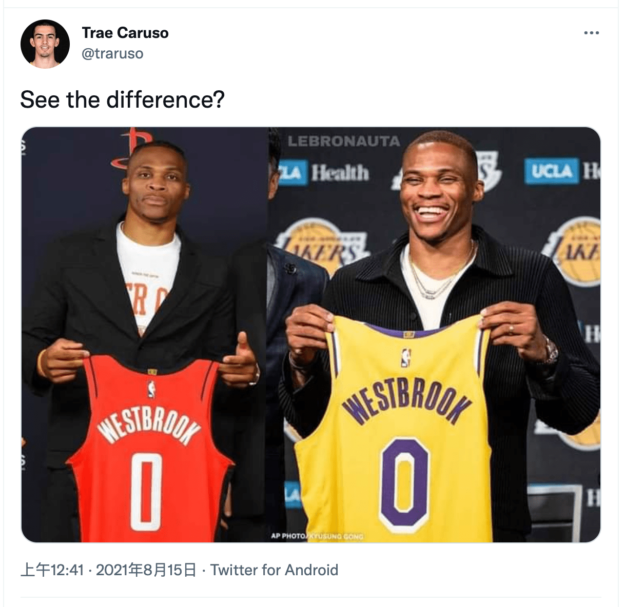 湖人|如愿以偿！威少湖火发布会对比照引热议，去湖人开心？哈登躺枪
