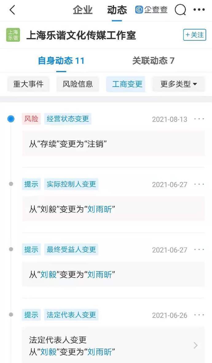 刘雨昕关联公司乐谐文化传媒工作室注销 成立于2018年