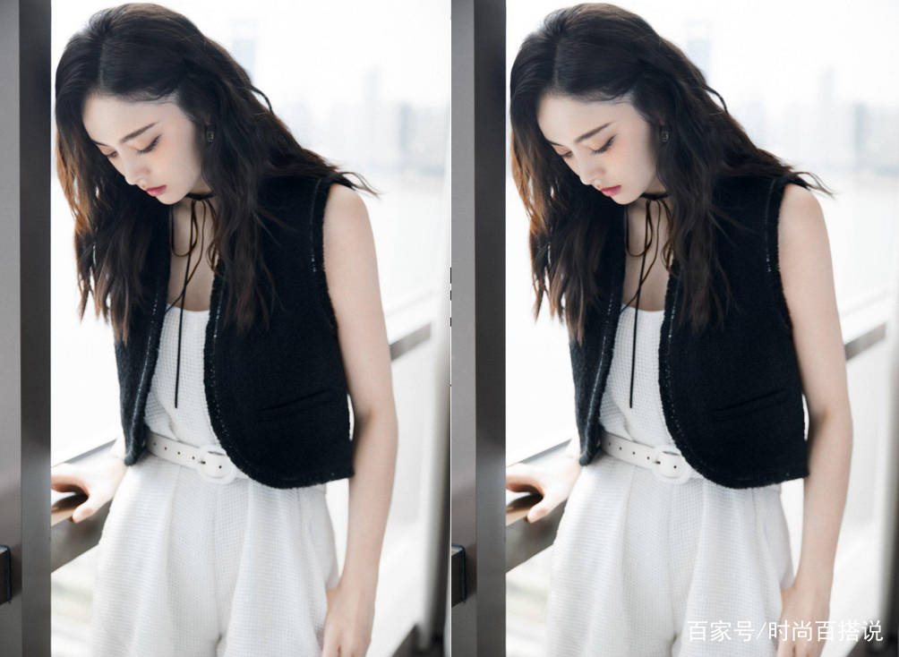 黑色|古力娜扎黑白搭配秒变“酷girl”，卷发造型随性慵懒，满满氛围感
