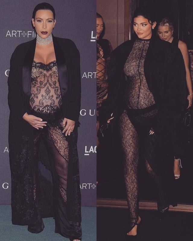 黑色|凯莉·詹娜孕期挺大肚，穿黑色蕾丝连体裤，贴身设计考验身材