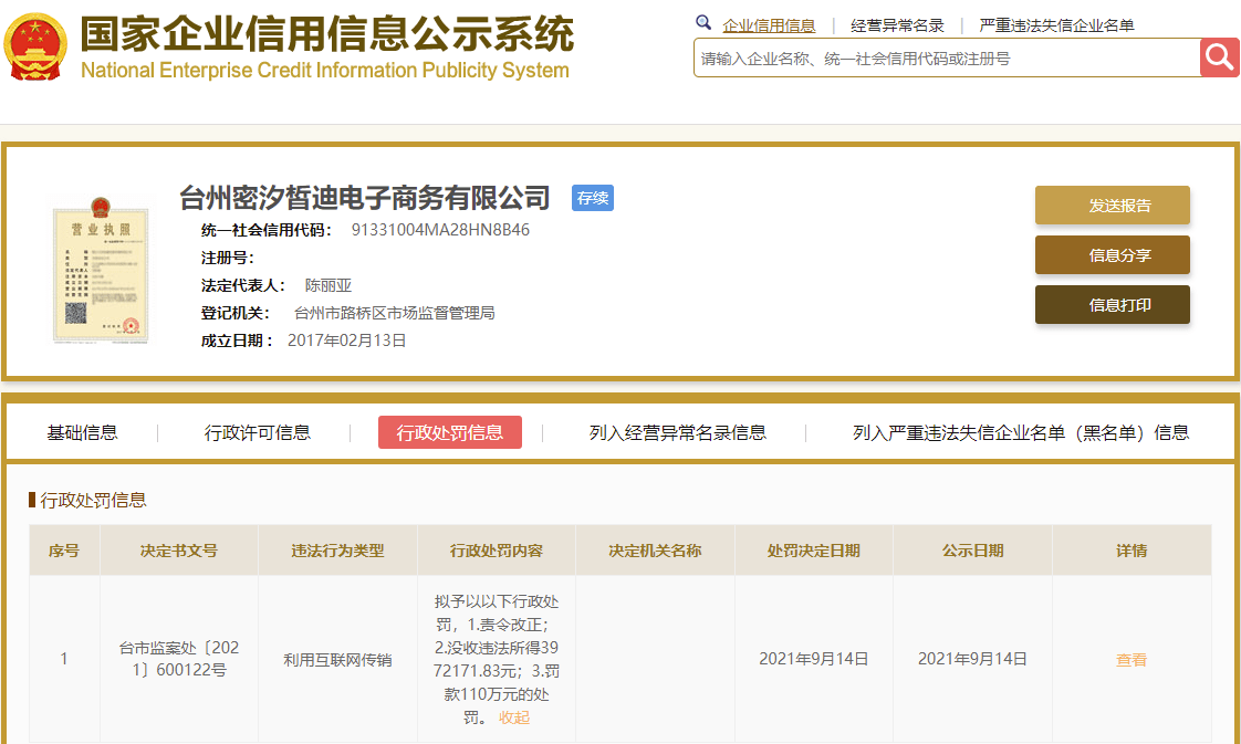 密汐皙迪品牌方因涉嫌传销被罚没资金500万元(图1)