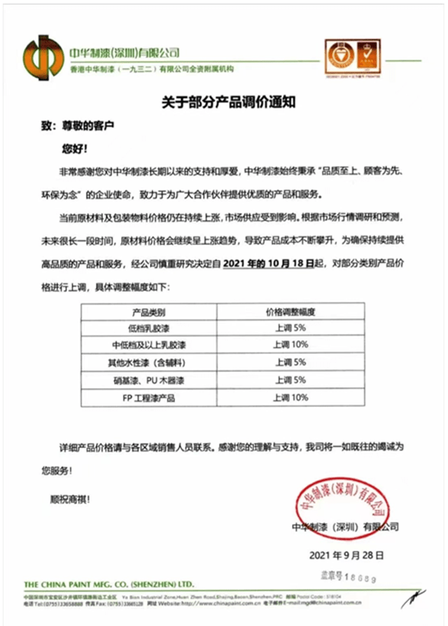 原料价格仍将持续大涨亚士创能中华制漆再发产品涨价函(图2)