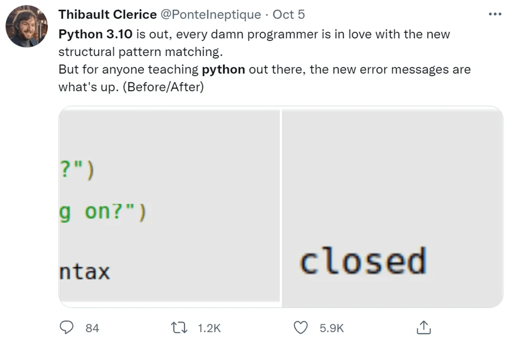 版本|错误调试精确到行、match-case模式匹配……Python 3.10真的很友好