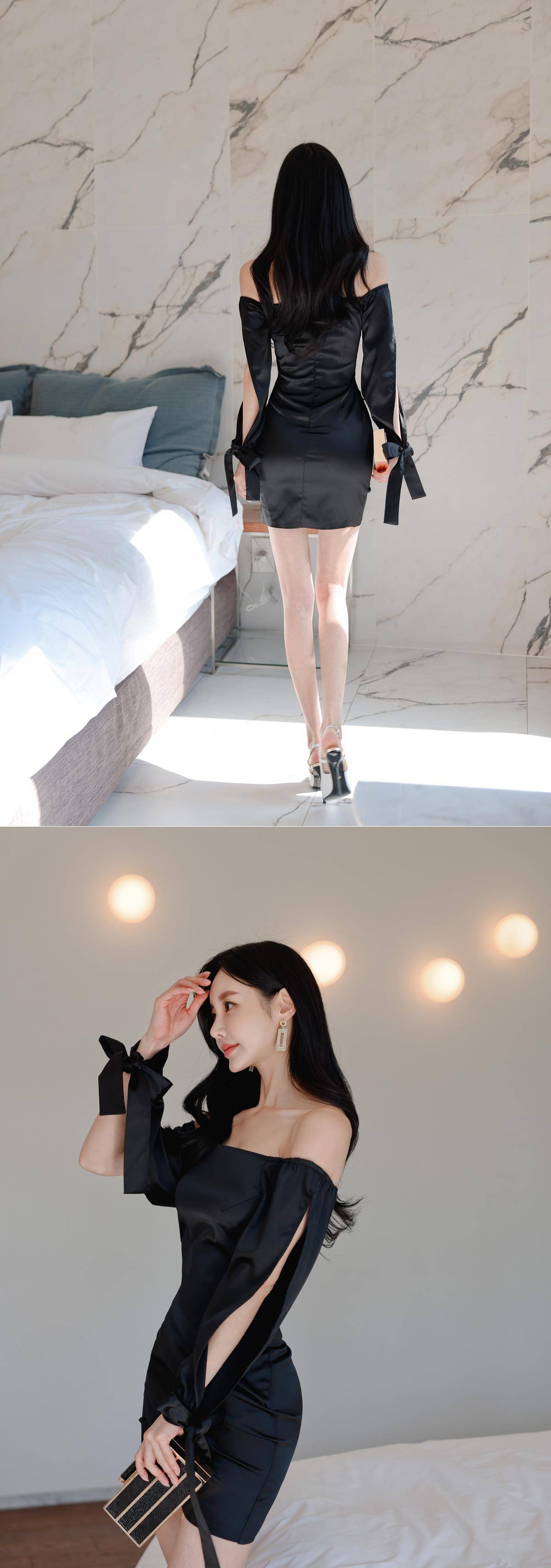 流线 极简设计的一字肩连衣裙，流线剪裁勾勒出身材曲线